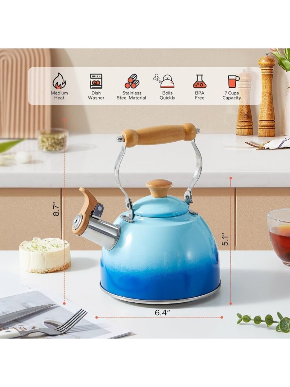 ROCKURWOK 1.6 Quart Blue Whistling Tea Kettle Stainless Steel Stovetop Tea Pot - Picture 4 of 7